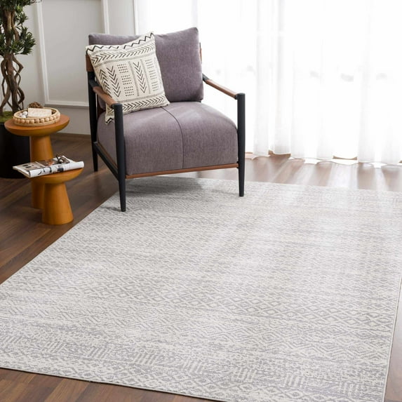 Hauteloom Gravelbourg Living Room, Bedroom Machine Washable Area Rug - Bohemian, Transitional - Gray, Light Gray - 9'2" x 12'