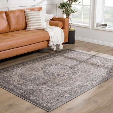 Hauteloom Greenpoint Machine Washable Area Rug - Oriental Traditional Medallion - Bohemian Vintage Distressed Carpet - Brown, Dark Blue, Beige - 6'7"x9'