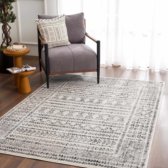 Hauteloom Greig Farmhouse Moroccan Geometric Area Rug - Boho Aztec Tribal Carpet for Living Room, Bedroom, Dining Room - Bordered - Off White, Black, Grey - 5'3" Square Rug