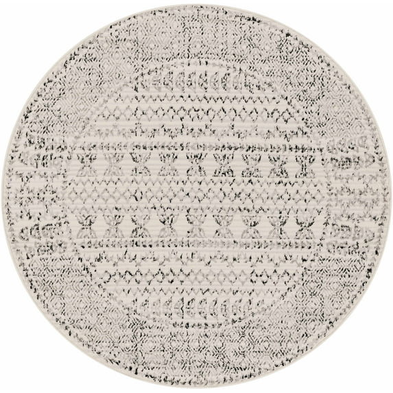 Hauteloom Greig Farmhouse Moroccan Geometric Area Rug - Boho Aztec Tribal Carpet for Living Room, Bedroom, Dining Room - Bordered - Off White, Black, Grey - 6'7" Round Rug