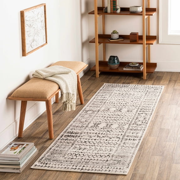 Hauteloom Greig Farmhouse Moroccan Geometric Runner Rug - Boho Aztec Tribal Carpet for Hallway, Kitchen - Bordered - Off White, Black, Grey - 2'7" x 7'3"