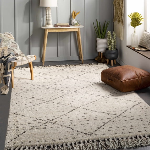 Hauteloom Jepaz Wool Living Room, Bedroom Area Rug - Diamond Geometric Trellis - Bohemian Transitional Moroccan - High Pile - Cream, Gray, Ivory - 2' x 3'