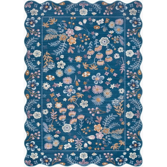 Hauteloom Harena Living Room, Bedroom Machine Washable Area Rug - Contemporary - Denim, Peach, Coral - 3'6" x 5'6"