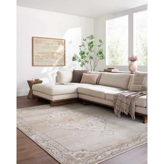 Hauteloom Havard Oriental Medallion Area Rug - Vintage Faded Look Traditional Floral Carpet for Living Room, Bedroom, Dining Room - Farmhouse - Beige, Tan, Ivory - 6'7" x 9'