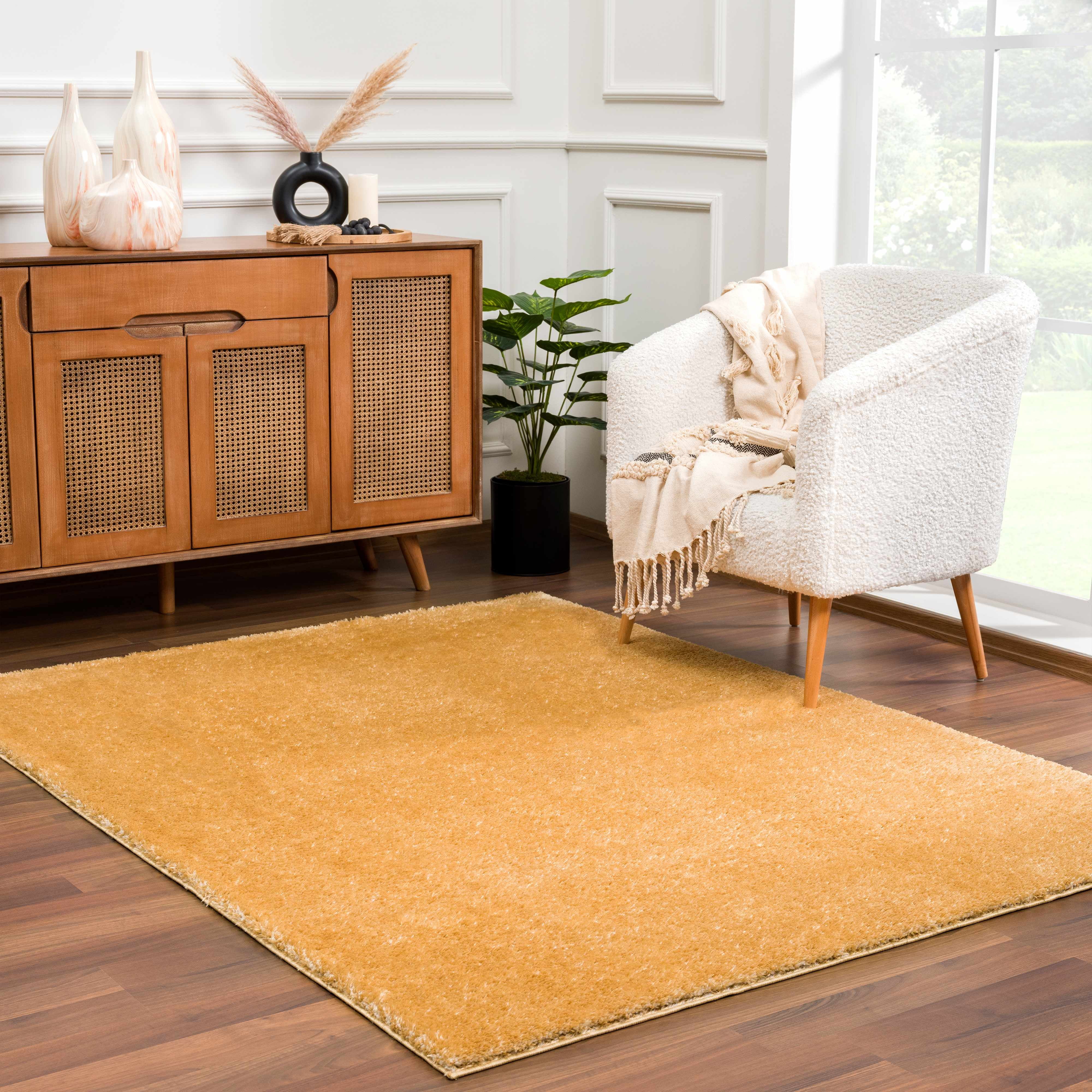 Hauteloom Heavenly Solid Shag Area Rug for Living Room Bedroom - High Pile Fluffy Carpet - Soft Shaggy Cozy Plush Rug - Gold, Mustard, Brown - 5'3" x 7'