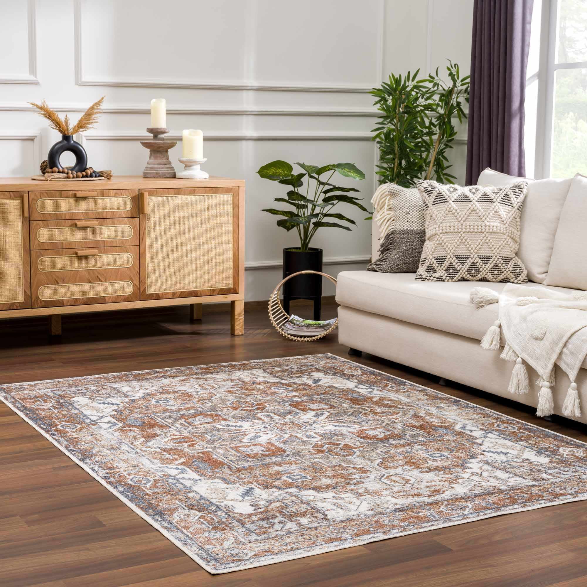 Hera Light Blue and Beige Washable Polyester Oriental Rug