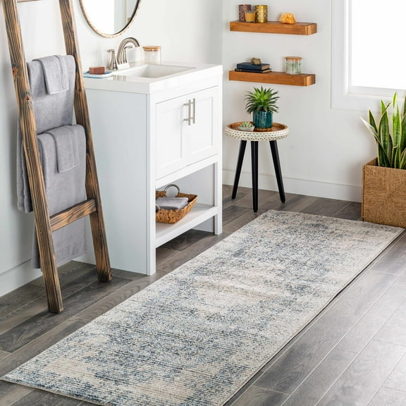 Hauteloom Herricks Hallway, Kitchen Runner Rug - Traditional - Navy, Denim, Peach - 2'7" x 7'10"