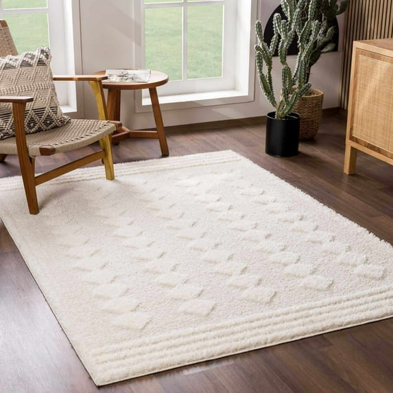 Hauteloom Hija Living Room, Bedroom Area Rug - Contemporary - Plush Pile - Beige, White - 2' x 3'