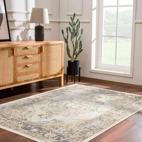 Hauteloom Hillcrest Living Room, Bedroom Area Rug - Traditional - Light Blue, Light Sage, Yellow - 2' x 2'11"