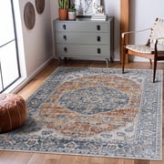 Hauteloom Hiti Hallway, Kitchen Machine Washable Runner Rug - Traditional Oriental Medallion Carpet - Blue, Orange, Gray, Beige, Cream - 27 x 73