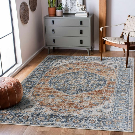 Hauteloom Hiti Hallway, Kitchen Machine Washable Runner Rug - Traditional Oriental Medallion Carpet - Blue, Orange, Gray, Beige, Cream - 2'7" x 7'3"