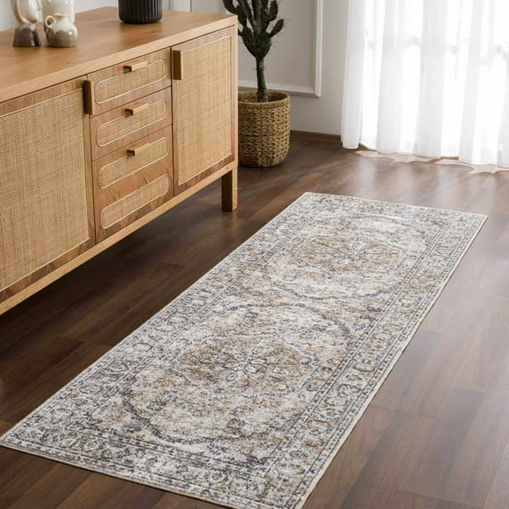 Hauteloom Hiti Hallway, Kitchen Washable Runner Rug - Traditional Oriental Medallion Carpet - Brown, Beige, Cream, Gray - 2'7" x 10'