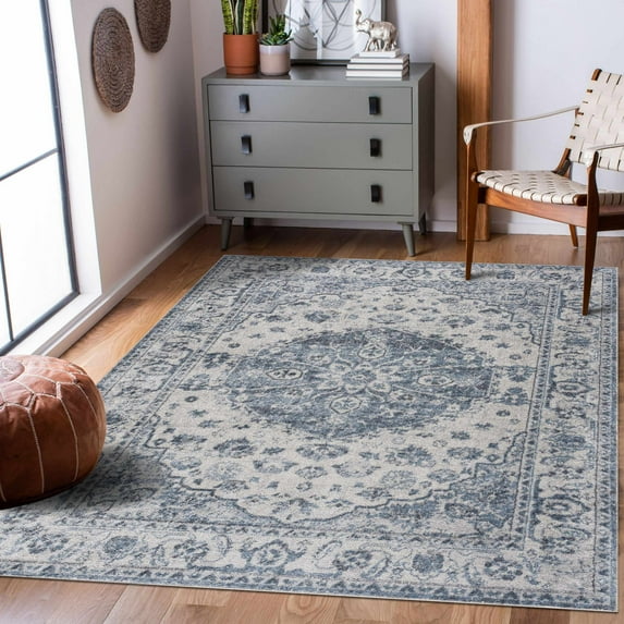 Hauteloom Hiti Living Room, Bedroom Machine Washable Area Rug - Traditional - Blue, Off White, Charcoal - 9'2" x 12'