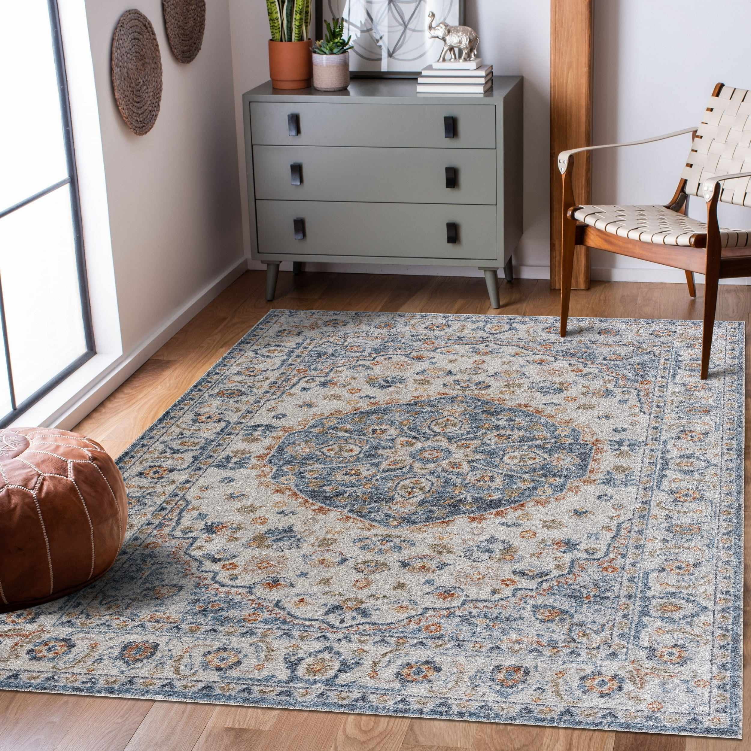 Hauteloom Hiti Living Room, Bedroom Machine Washable Area Rug - Traditional Oriental Medallion Carpet - Blue, Orange, Gray, Beige, Cream - 5'3" x 7'