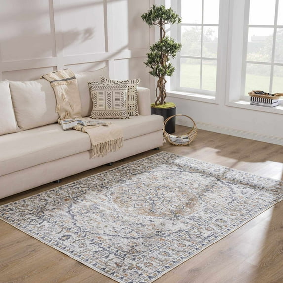 Hauteloom Hiti Living Room, Bedroom Machine Washable Area Rug - Traditional Oriental Medallion Carpet - Brown, Beige, Cream, Gray - 6'7" x 9'
