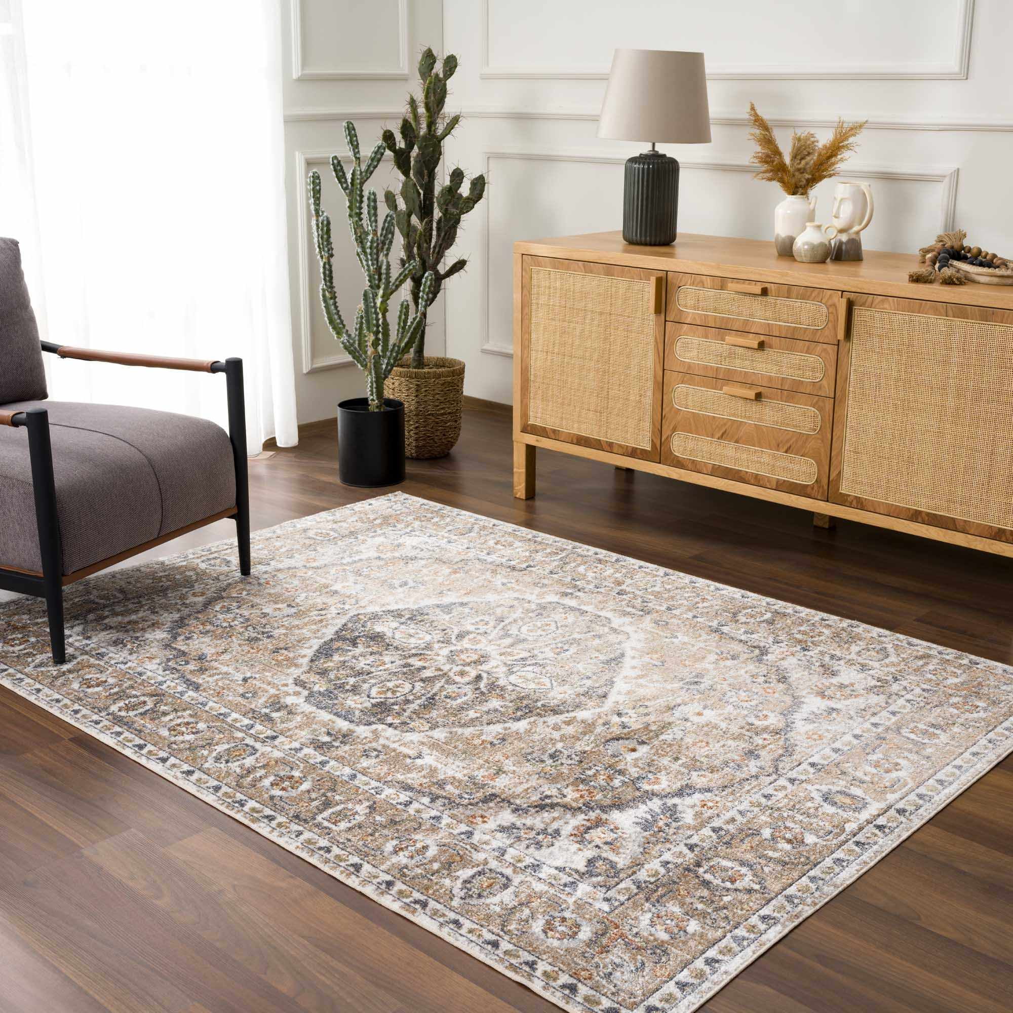 Hauteloom Hiti Living Room, Bedroom Machine Washable Area Rug - Traditional Oriental Medallion Carpet - Brown, Black, Cream - 7'10" x 10'