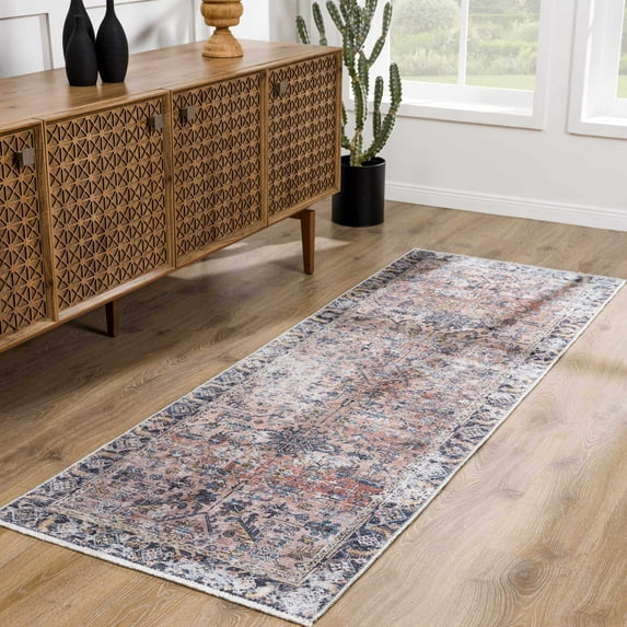 Hauteloom Holli Collection Urmia - Machine Washable Oriental Hallway, Entryway, Kitchen Runner Rug - Abstract Vintage Distressed Boho Style - Pink, Blue, Burgundy - 2'7"x10'
