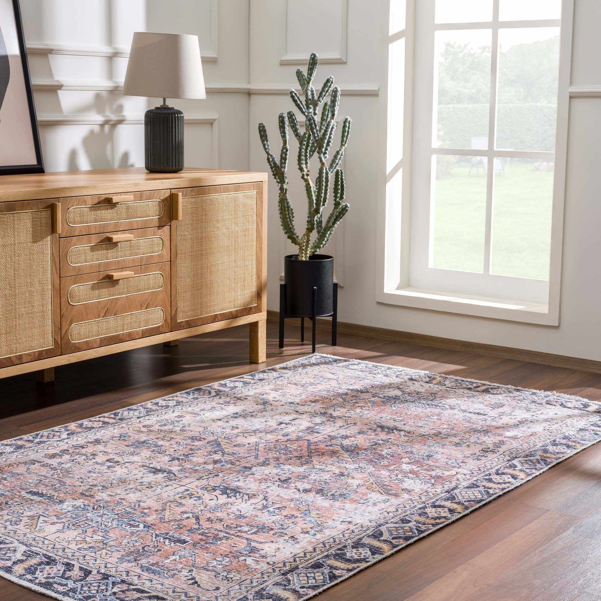 Hauteloom Holli Collection Urmia - Machine Washable Oriental Living Room Kitchen Bedroom Dining Room Area Rug - Abstract Vintage Distressed Boho Style - Pink, Blue, Burgundy - 5'x7'6"