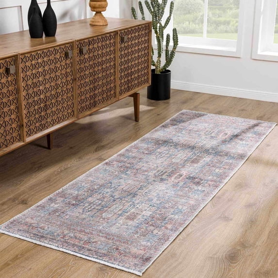 Hauteloom Holli Hallway, Kitchen Machine Washable Runner Rug - Traditional, Vintage - Burnt Orange, Lime Green, Aqua - 2'7" x 7'3"