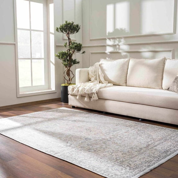 Hauteloom Holli Recycled Material Living Room, Bedroom Machine Washable Area Rug - Farmhouse - Beige, Slate Blue, Cream - 4' x 6'