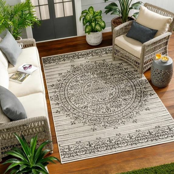 Hauteloom Honza Living Room, Bedroom Patio Outdoor Area Rug - Traditional - Black White, Rose Cream, Cloud Gray - 7'10" x 10'