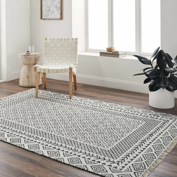 Hauteloom Hulda Wool Living Room, Bedroom Area Rug - Bordered - Boho, Bohemian Carpet - Modern Farmhouse - Gray, Black, White - 3'6" x 5'6"