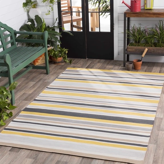 Hauteloom Vatil Living Room, Bedroom Patio Outdoor Area Rug - Striped - Contemporary Modern Minimalist - Yellow, White, Gray - 2' x 3'