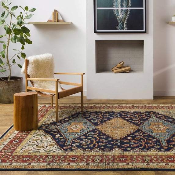 Hauteloom Demaz Wool Living Room, Bedroom Area Rug - Medallion Floral Border - Traditional Oriental Tribal - Navy, Red, Ivory - 2' x 3'