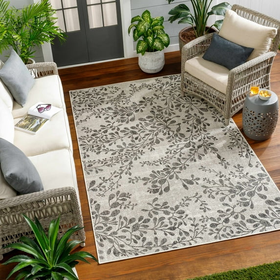 Hauteloom Idina Living Room, Bedroom Patio Outdoor Area Rug - Traditional, Transitional - Rose Cream, Black White, Cloud Gray - 6'7" x 9'