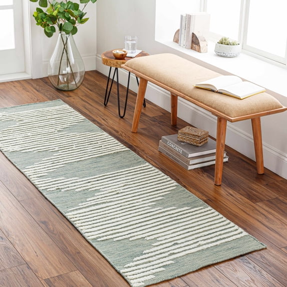 Hauteloom Igcocolo Wool Hallway, Kitchen Runner Rug - Global - Beige, Green - 2'6" x 8'
