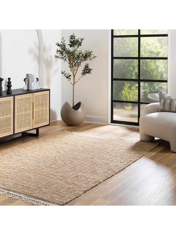 Sdambi Jute Living Room, Bedroom Area Rug - Striped - Traditional Transitional Boho - Beige, Tan, Gray - 8' x 10'