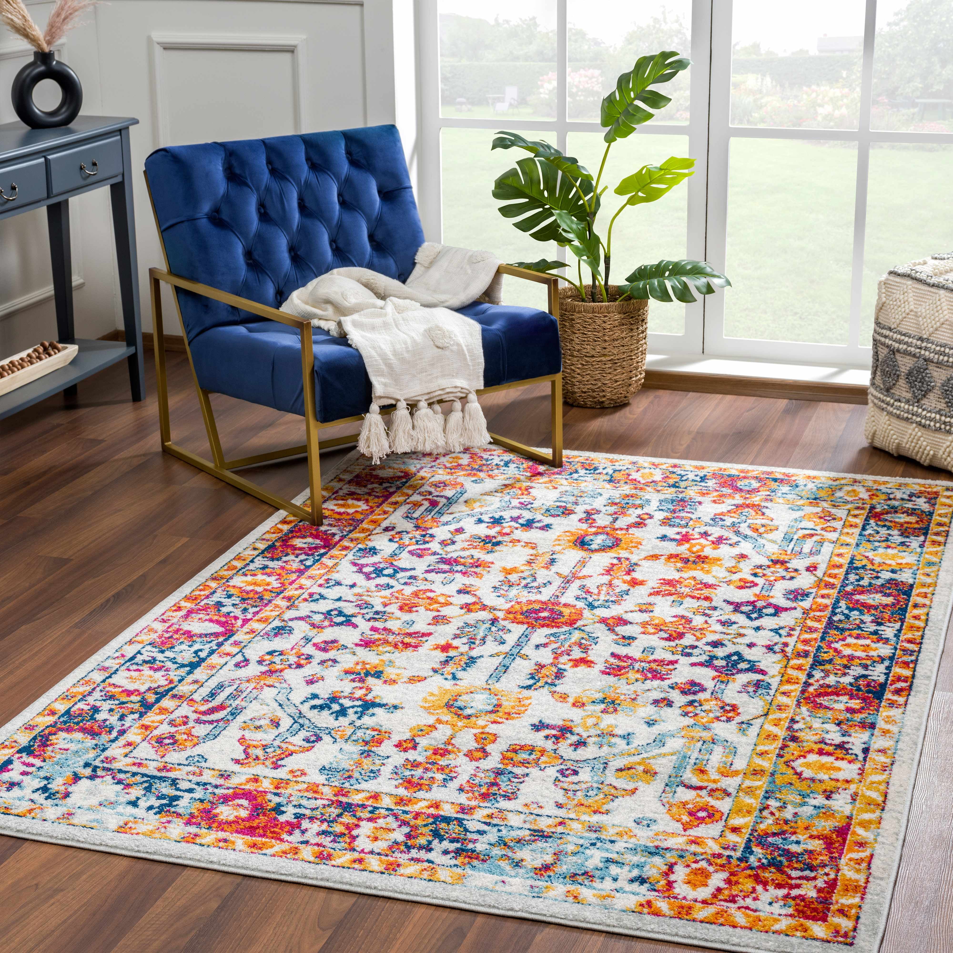 Ivory and Multicolor Floral Synthetic Rectangular Area Rug 5'3" x 7'3"