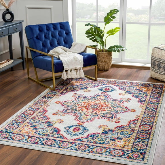 Hauteloom Istanbul Collection Medallion Area Rug for Living Room Bedroom - Traditional Oriental Style - Vintage Distressed - Beige, Blue, Orange - 7'10" x 10'3"