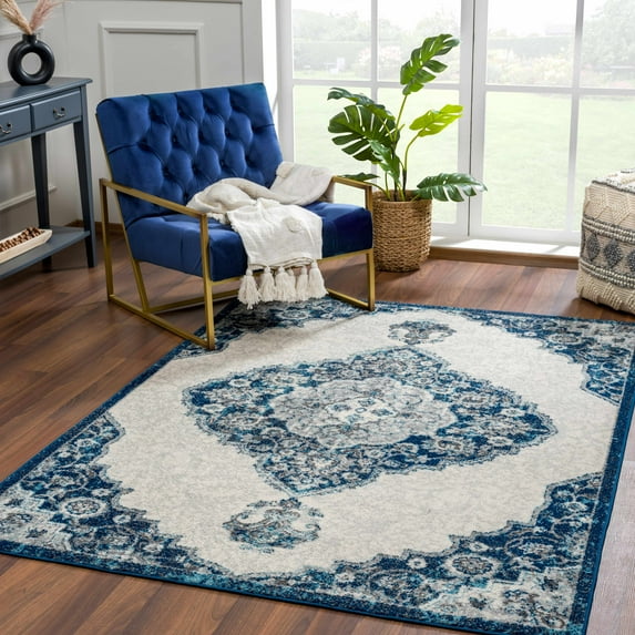 Hauteloom Istanbul Collection Medallion Area Rug for Living Room Bedroom - Traditional Oriental Style - Vintage Distressed - Blue, Beige, Gray - 5'3" x 7'3"
