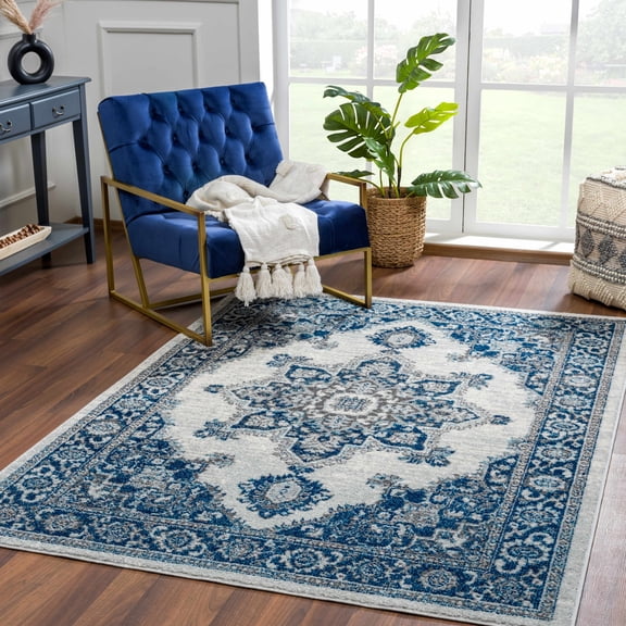 Hauteloom Istanbul Collection Medallion Area Rug for Living Room Bedroom - Traditional Oriental Style - Vintage Distressed - Blue, Beige, Grey - 7'10" x 10'3"
