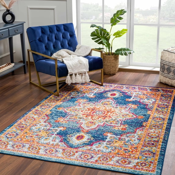 Hauteloom Istanbul Collection Medallion Area Rug for Living Room Bedroom - Traditional Oriental Style - Vintage Distressed - Blue, Orange, Red - 5'3" x 7'3"