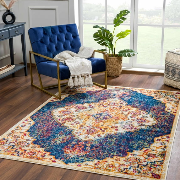 Hauteloom Istanbul Collection Medallion Area Rug for Living Room Bedroom - Traditional Oriental Style - Vintage Distressed - Orange, Red, Blue - 6'7" x 9'