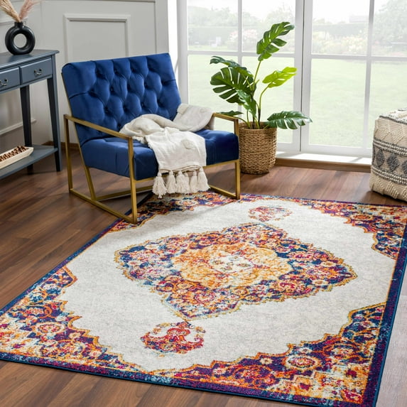 Hauteloom Istanbul Collection Medallion Area Rug for Living Room Bedroom - Traditional Oriental Style - Vintage Distressed - Orange, Yellow, Red - 5'3" x 7'3"