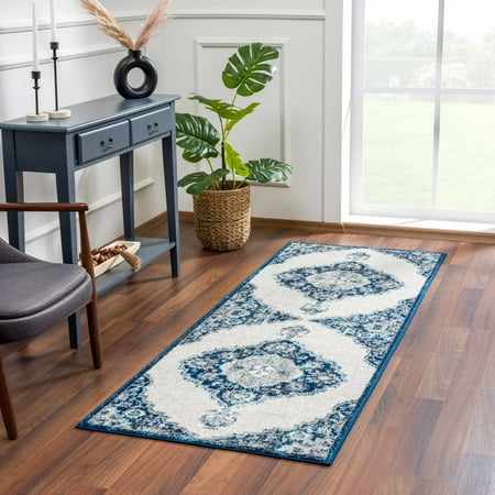 Hauteloom Istanbul Collection Medallion Runner Rug for Living Room Bedroom - Traditional Oriental Style - Vintage Distressed - Blue, Beige, Gray - 2'7" x 7'3"