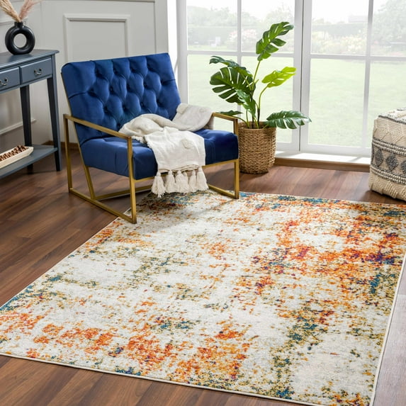 Hauteloom Istanbul Collection Modern Abstract Living Room Bedroom Large Area Rug - Colorful Contemporary Carpet - Beige, Orange, Red, Blue - 9' x 12'
