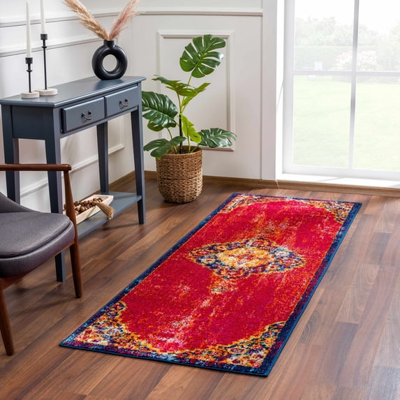 Hauteloom Istanbul Hallway, Kitchen Runner Rug - Farmhouse - Red, Navy - 2'7" x 7'3"