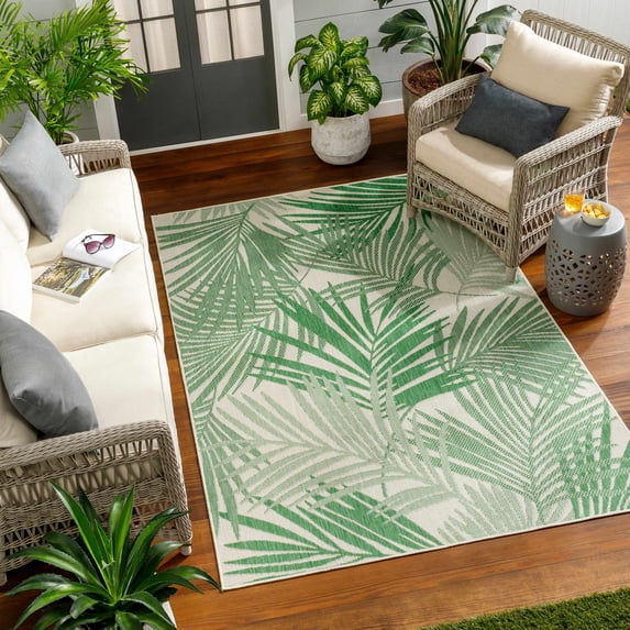 Hauteloom Jaala Living Room, Bedroom Patio Outdoor Area Rug - Coastal - Bone, Emerald, Kiwi - 5'3" x 7'