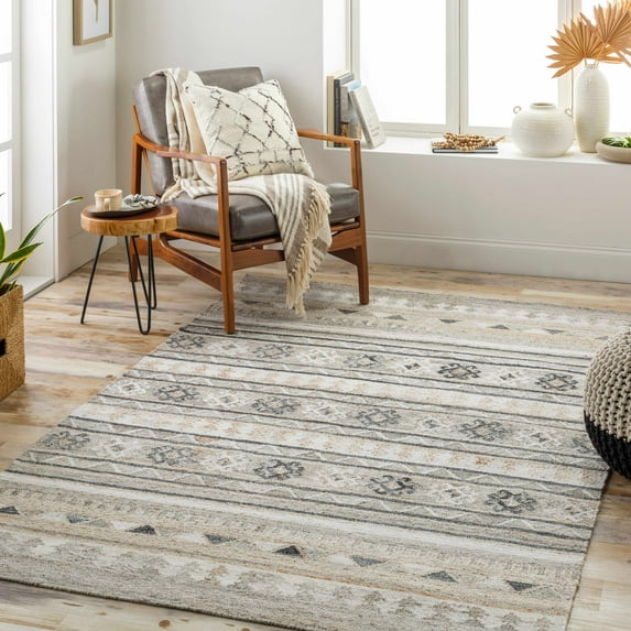 Hauteloom Jade Recycled Material Living Room, Bedroom Area Rug - Southwestern - Medium Gray, Ivory, Dark Red - 2' x 3'
