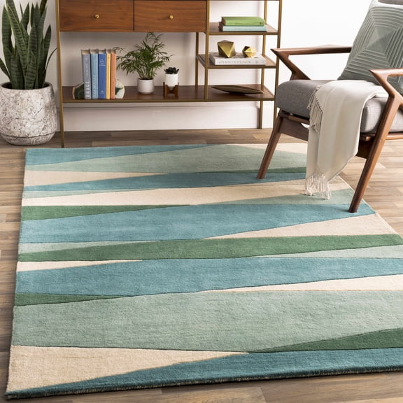 Hauteloom Jarratt Wool Living Room, Bedroom Area Rug - Modern - Green, Beige - 7'6" x 9'6"