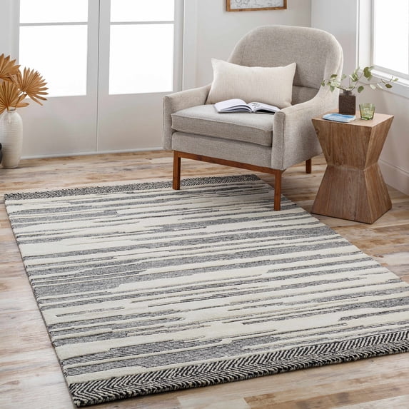 Hauteloom Jay Wool Living Room, Bedroom Area Rug - Bohemian, Transitional - Black, Cream - 8' x 10'