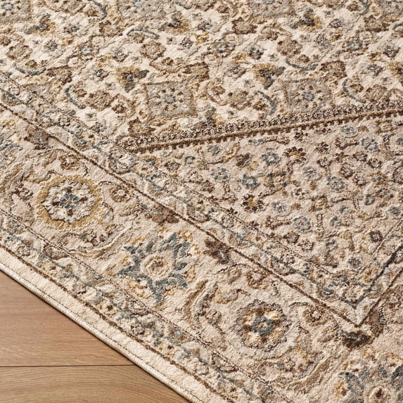 Hauteloom Kyoto Living Room, Bedroom Area Rug - Medallion Floral Border - Traditional Oriental Transitional - Beige, Cream, Gray - 9' x 12'2"
