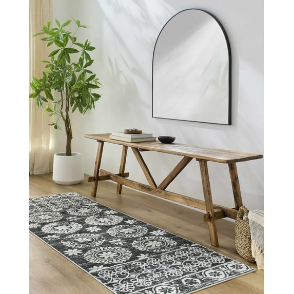 Hauteloom Kahramankazan Neutral Paisley Farmhouse Hallway Entryway Boho Runner Rug - Machine Washable - Bohemian Vintage Long Carpet - Black, Light Grey, Off White - 2'7" x 7'3"