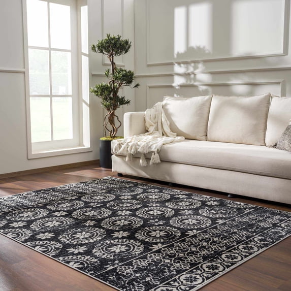 Hauteloom Kahramankazan Neutral Paisley Farmhouse Living Room Bedroom Dining Room Boho Area Rug - Machine Washable - Bohemian Vintage Carpet - Black, Light Grey, Off White - 6'7" x 9'