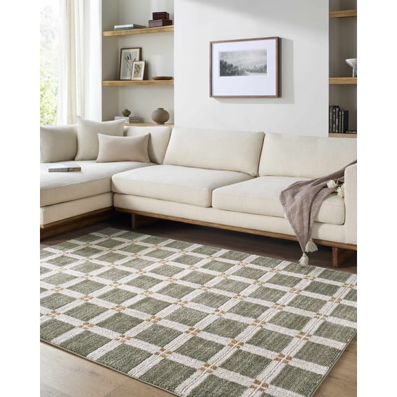Hauteloom Kalkin Living Room, Bedroom Area Rug - Contemporary - Olive, Off White, Light Gray - 6'7" x 9'