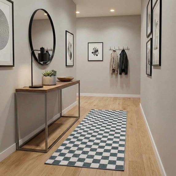 Hauteloom Kaysar Hallway, Kitchen Machine Washable Runner Rug - Square Piles, Checkered - White, Petrol Blue - 2'7" x 10'